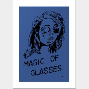 The magic of glasses , a black sketch of a woman with a caption . Posters and Art